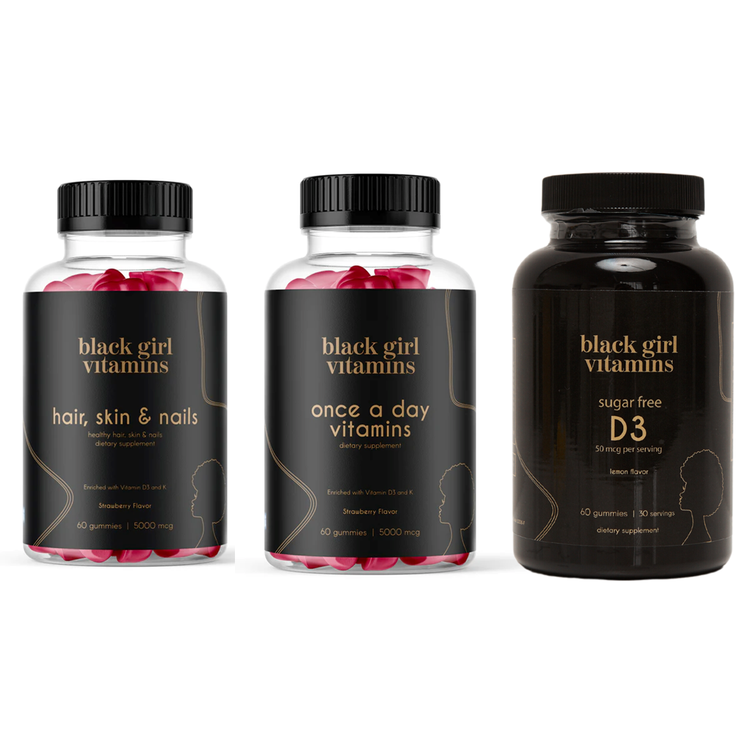 Three Black Girl Vitamins bottles: Hair, Skin & Nails (Strawberry Flavor, 60 gummies), Once a Day Vitamins (Strawberry Flavor, 60 gummies), Sugar Free D3 (Lemon Flavor, 60 gummies)