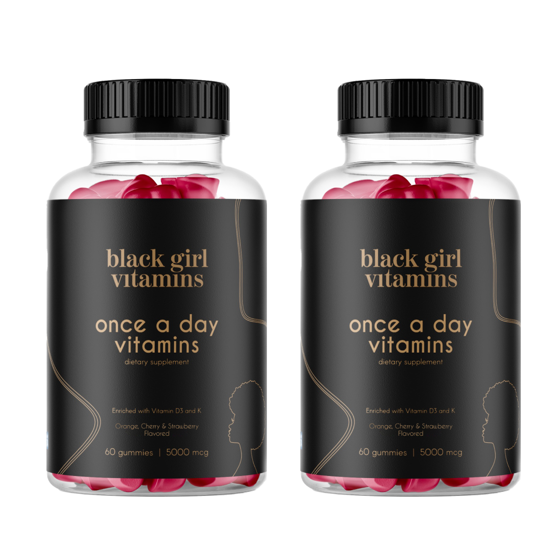 Two bottles of Black Girl Vitamins once a day gummies, enriched with Vitamin D3 and K, orange, cherry & strawberry flavored
