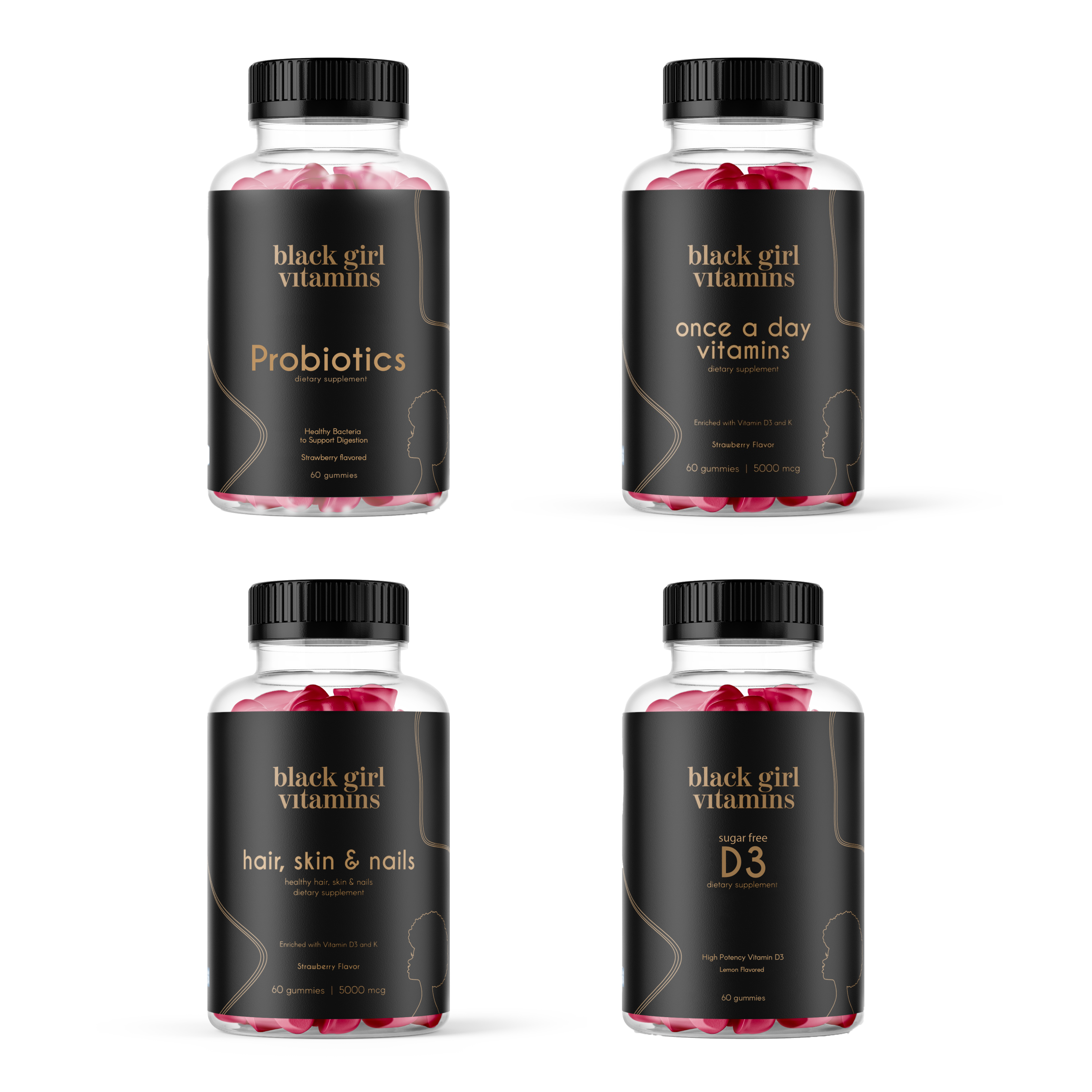 Four Black Girl Vitamins bottles: Probiotics, Once a Day Vitamins, Hair Skin & Nails, Sugar Free D3