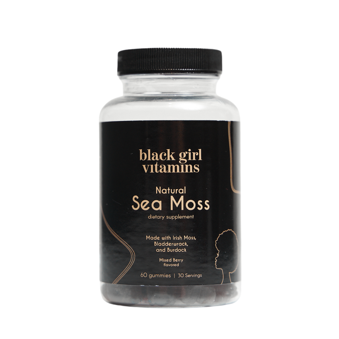 Black Girl Vitamins Natural Sea Moss dietary supplement bottle with 60 gummies, mixed berry flavor
