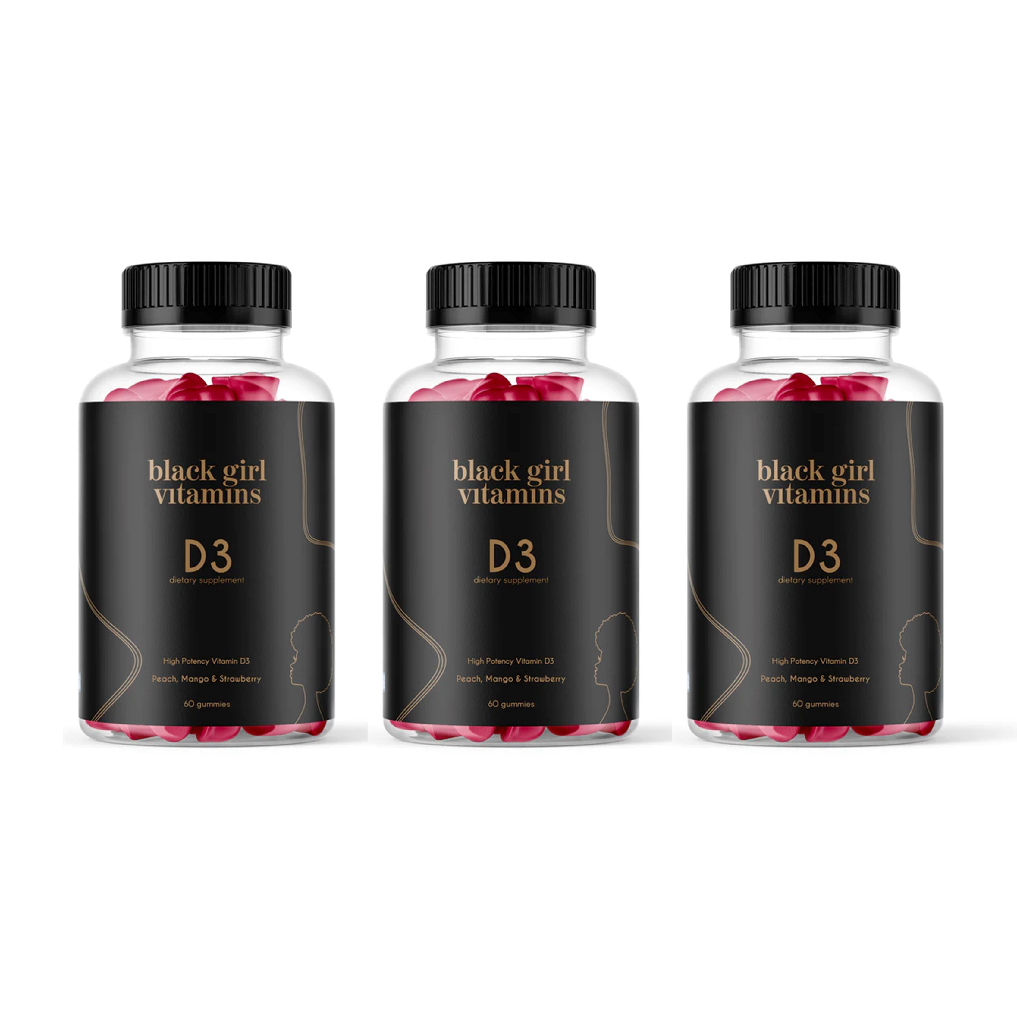 Three bottles of Black Girl Vitamins D3 dietary supplement, peach, mango & strawberry flavor, 60 gummies each
