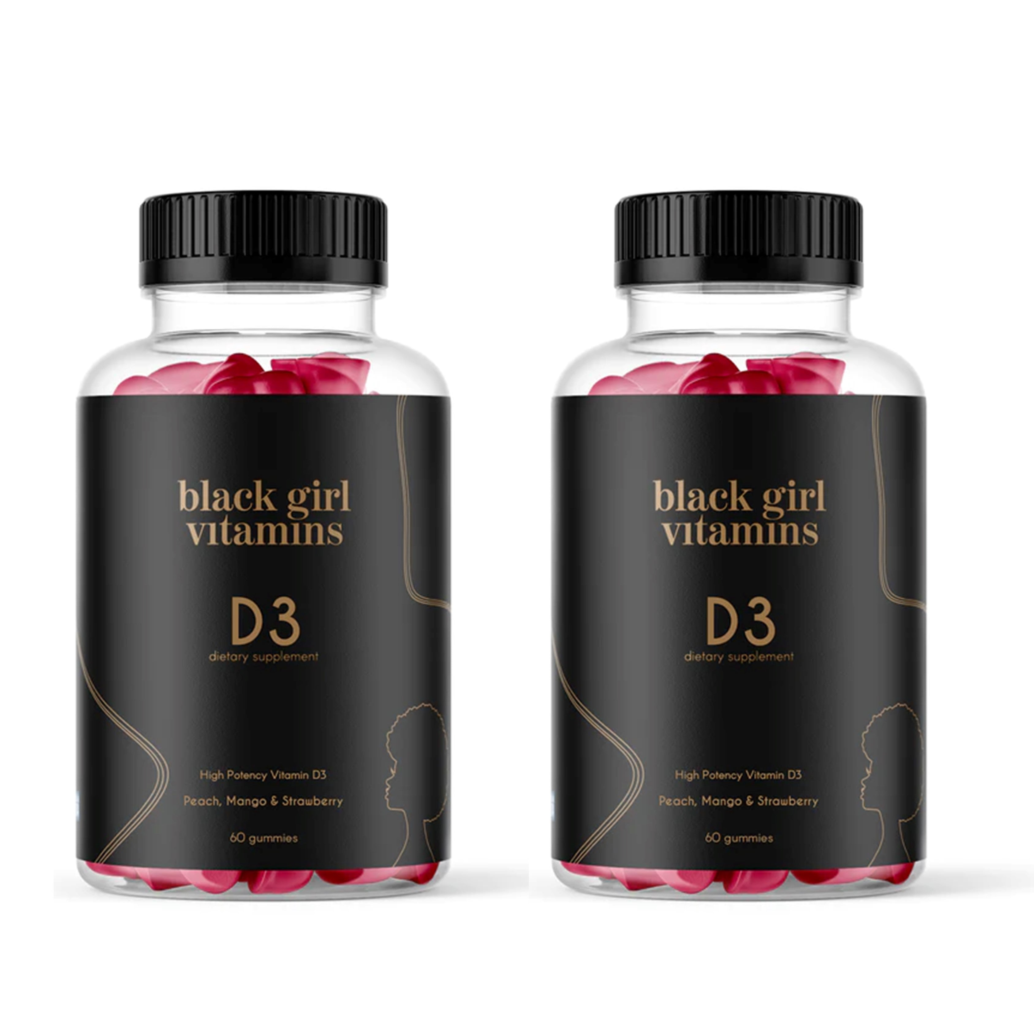 Two bottles of Black Girl Vitamins D3 dietary supplement, peach, mango & strawberry flavor, 60 gummies each