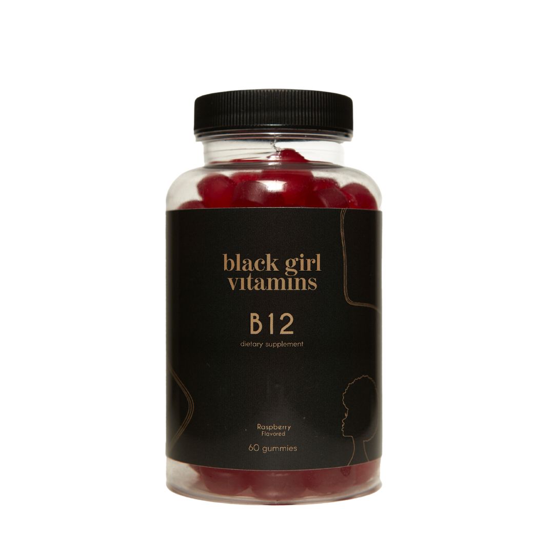 Black Girl Vitamins B12 dietary supplement, raspberry flavored, 60 gummies bottle with black label and red gummies inside.