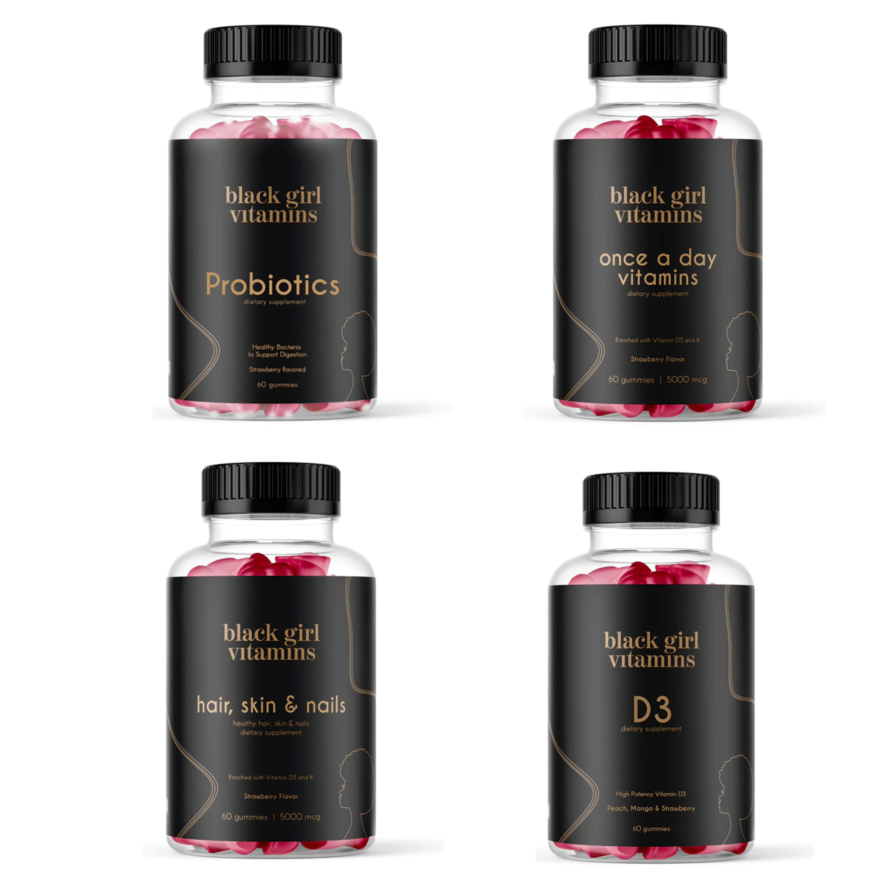 Four Black Girl Vitamins bottles: Probiotics, Once a Day Vitamins, Hair Skin & Nails, and D3 dietary supplements