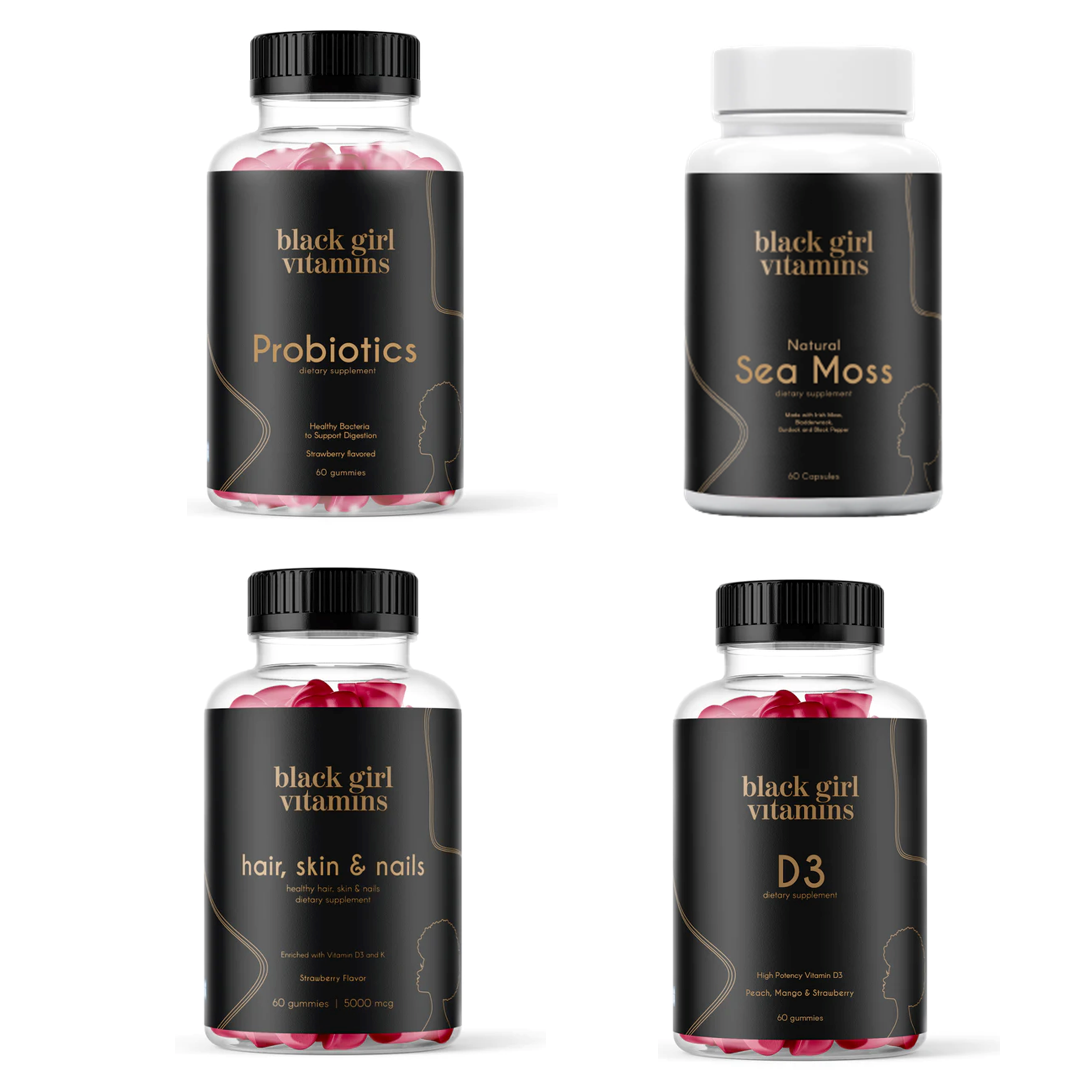 Four Black Girl Vitamins bottles: Probiotics, Natural Sea Moss, Hair Skin & Nails, and D3 dietary supplements